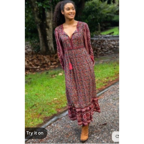 NATURAL LIFE Dresses & Skirts - Natural Life Boho Floral Medallion Maxi Dress Burgundy Pink Tassel Long Sleeve S